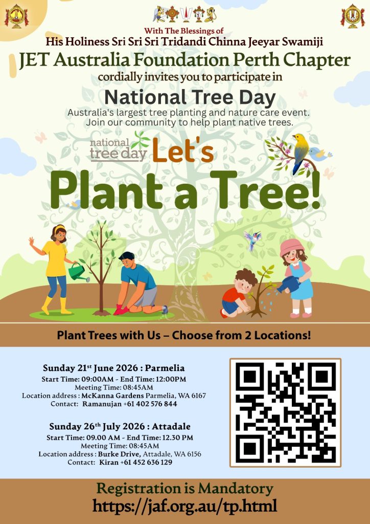 Flyer for JET Australia Foundation Perth Chapter National Tree Day event featuring tree planting dates for Parmelia on June 21, 2026, and Attadale on July 26, 2026.